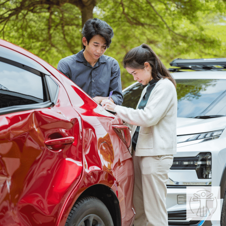 two people looking at a dented red car door at the roadside