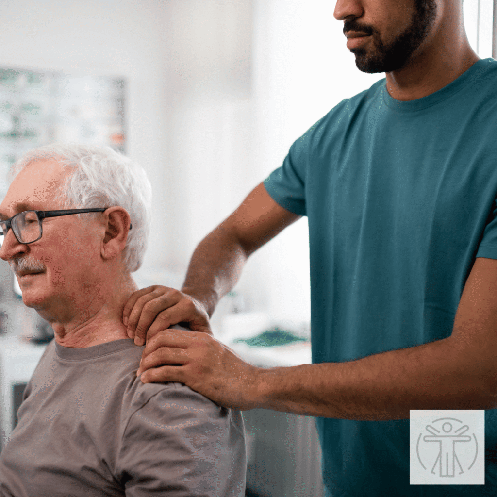 therapist checking the shoulder of an older man