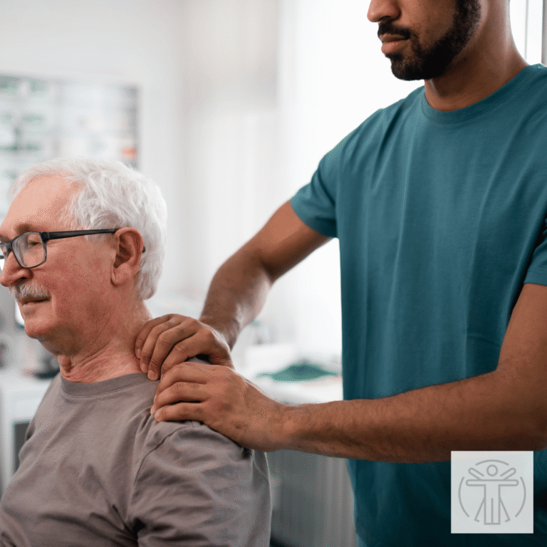 therapist checking the shoulder of an older man