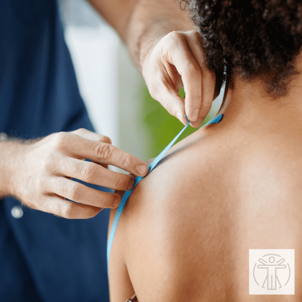 practitioner applying tape to the shoulder of a patient