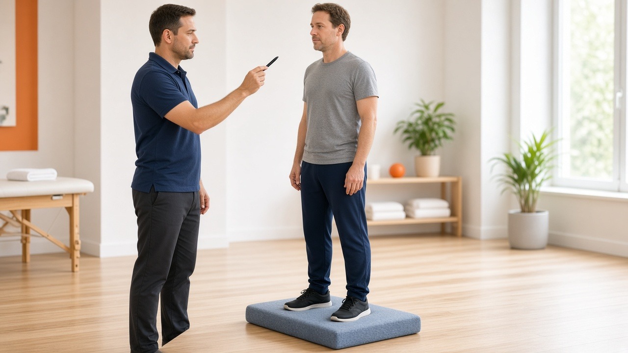 man standing on a foam pad following a pen with his eyes while a clinician holds it up