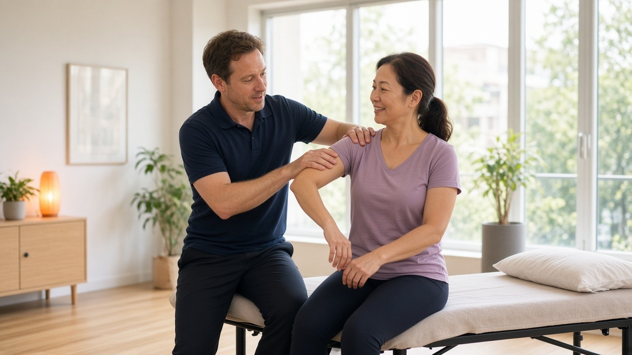 clinician checking the shoulder movement of a woman seated on a treatment table