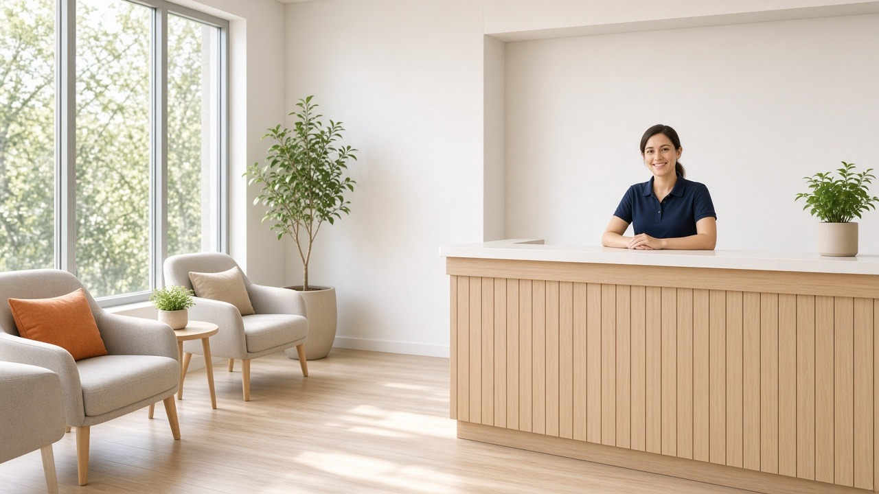 bright reception area with a front desk, chairs and plants