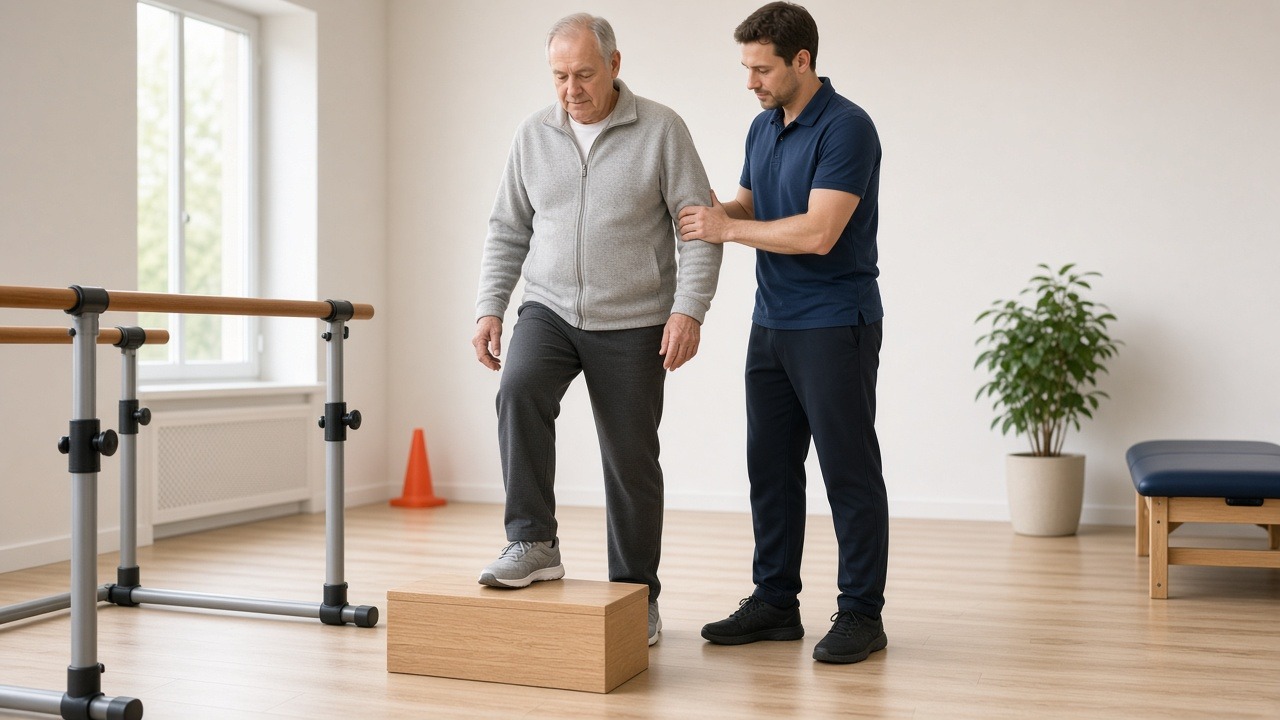 older man stepping onto a low platform while a clinician steadies him