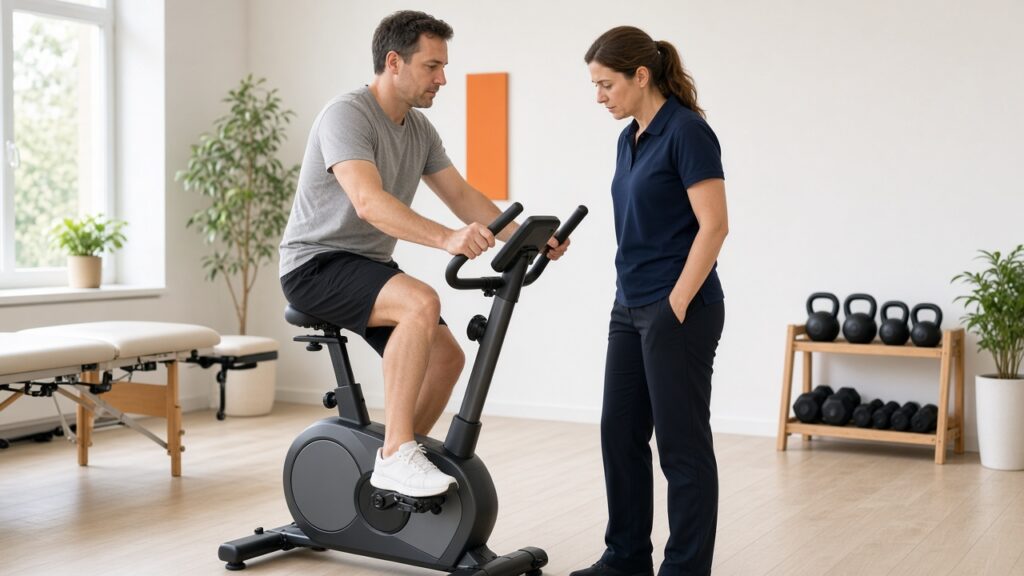 man riding a stationary exercise bike while a clinician watches