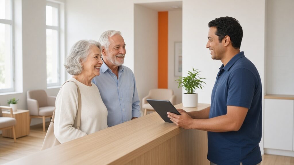 older couple greeted at a front desk by a clinician holding a tablet