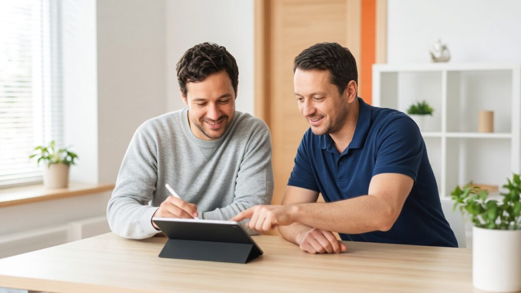 man filling in a form on a tablet with a clinician beside him