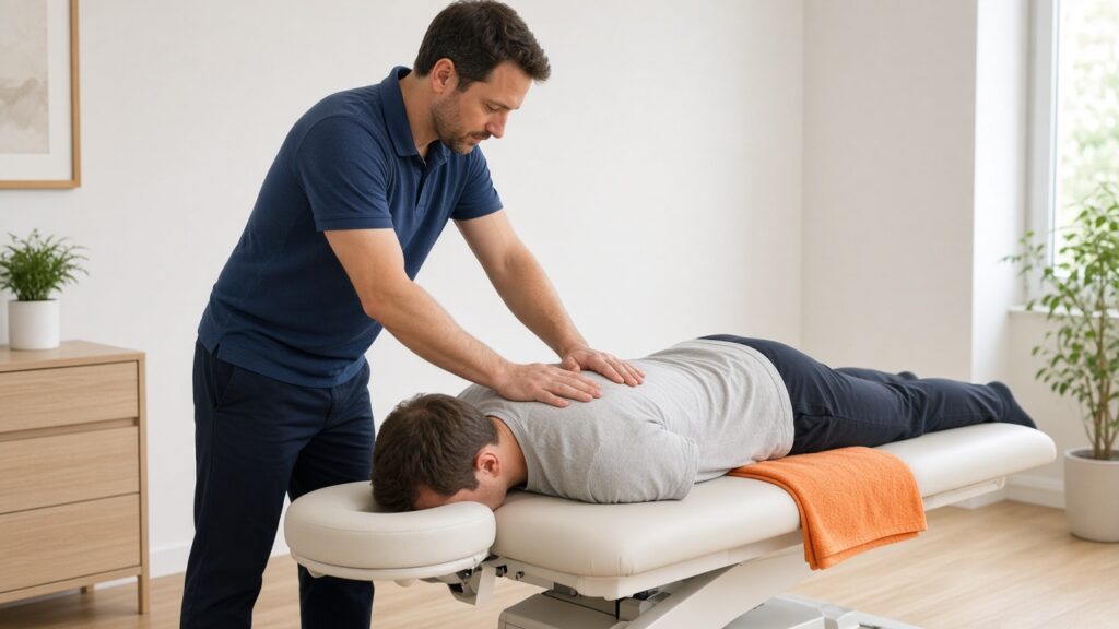 clinician treating the back of a patient lying face down on a treatment table
