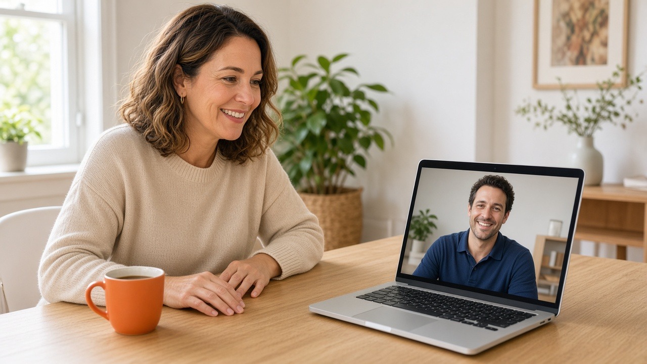 smiling woman on a video call with a clinician on her laptop