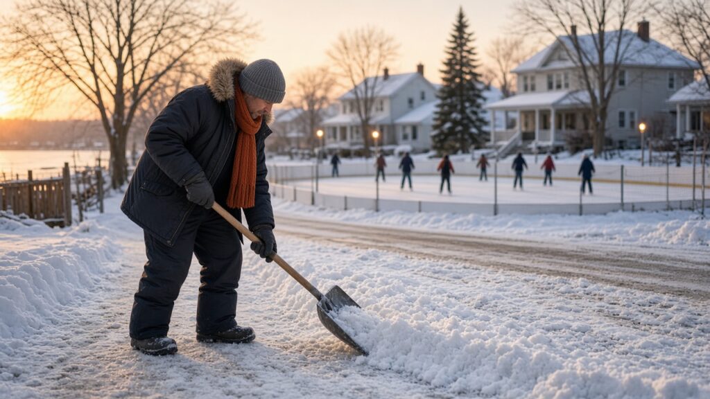 person shovelling a snowy sidewalk at sunrise next to an outdoor rink